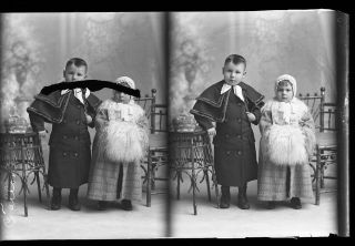 Glass Plate Negative 1890 Little Girl And Boy In Winter Clothing Look