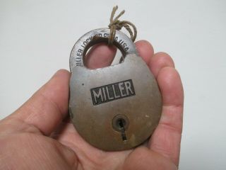 VTG Antique Solid Brass Miller Lock Co Phila USA Padlock w 352 Key 352 4