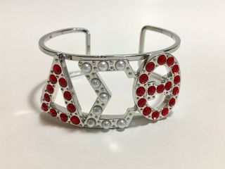 Two Delta Sigma Theta Red Crystals And White Pearl Silver Bracelets