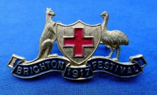 Ww1 Patriotic Fundraiser Badge; Brighton Red Cross Festival 1917.  Gilt Brass.