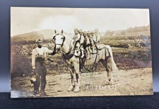 Postcard Rppc All Aboard Six Children On Horse Azo Stamp Box Unposted C1910