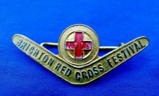 Ww1 Patriotic Fundraiser Badge; Brighton Red Cross Festival 1915.  Gilt Brass.