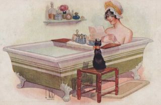 A/s L.  Vallet French Glamour Lady Black Cat Bath Tub Fancy Pc Image Coffee Time