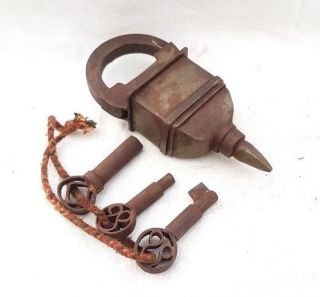 Rare Vintage Old Antique Style Looking 3 Key Iron Tricky / Puzzle System Lock