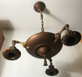 Antique Art Deco 3 Socket Old Gold Brass Pan Ceiling Light Fixture Chandelier