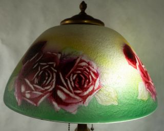 Pittsburgh Reverse Painted Rose Lamp With Chipped Ice Finish.  C.  1920