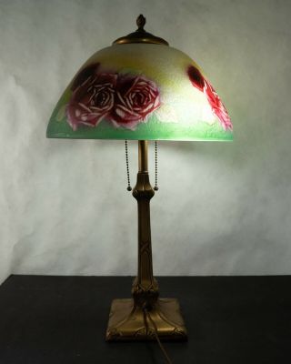 Pittsburgh reverse painted rose lamp with chipped ice finish.  c.  1920 4