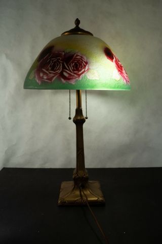 Pittsburgh reverse painted rose lamp with chipped ice finish.  c.  1920 5