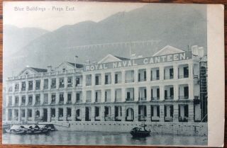 Antique Hong Kong Pc View Of The Royal Naval Canteen Blue Buildings Praya East