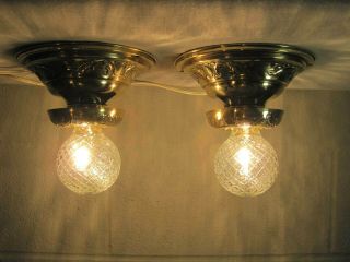 Antique Pair Ceiling Light Fixtures Brass Restored Porcelain Sockets