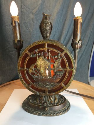 Antique Art Deco Sailing Ship Lamp With Owl,  3 Bulb