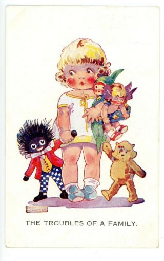 Comic - Girl W/ Teddy Bear & Black Doll - Richardson Postcard Black Americana Racist