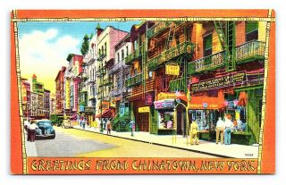 Vintage Postcard Greetings From Chinatown York 1940s Linen H1