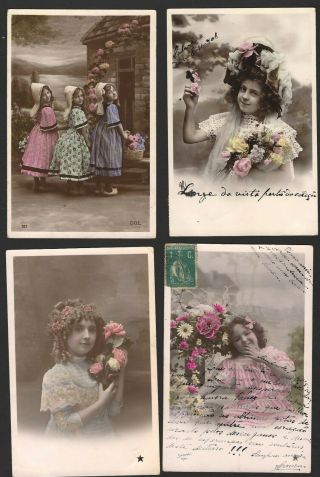 4 X Edwardian Children Fantasy Chicken.  Set Of 4 Old Photo Postcard 1910s France