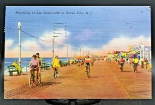 Postcard Ocean City,  N.  J.  Bicycling On The Boardwalk Linen Posted 1957