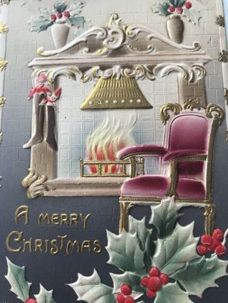 Vintage Christmas Postcard Fireplace Chair Raised Stockings Gold Embossed