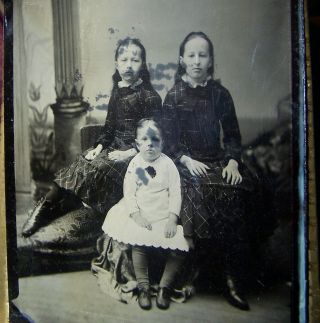 Rare Large Full Plate Tintype Of Twins & Little Sister ? Ca.  1870