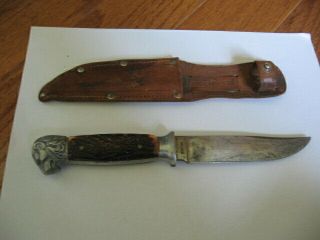 Vintage German Bowie Hunting Knife (solingen) Lions Head With Case Chip On Handle