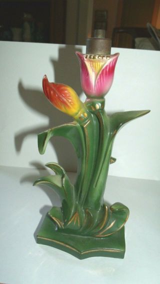 Vintage Ceramic Lamp Base Only 9.  5 " X 5 " Green Leaf W/ Tulip Flower Top Ig345
