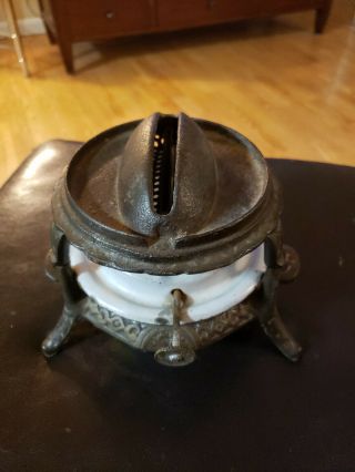 Antique Oil Lamp Porcelin Tank Cast Iron Frame