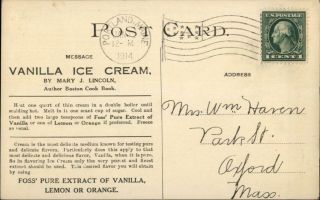 Foss ' Vanilla Extract Boston Cook Book Promo Ice Cream c1910 Postcard 2