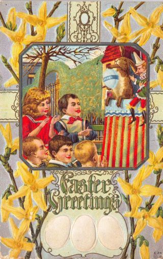 Easter Postcard Children Watching Punch & Judy Puppet Show Bunny Rabbit 114727