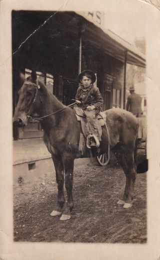 Vintage Rppc: Young Hispanic Boy,  Dressed As Cowboy,  Riding Horse