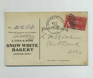 1913 Clinton Ia Snow White Bakery Adv Postcard Spring Valley Il Postmark Bv9904