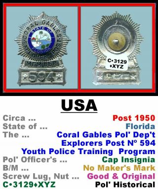 Cap Badge • Usa - Fl • Coral Gables Pol 