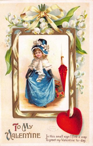 Valentine Postcard Cute Little Girl Wearing A Blue Dress Gives Curtsy 110137