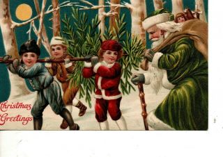 Postcard Christmas Santa In Green Suit Children With Tree Full Moon 218