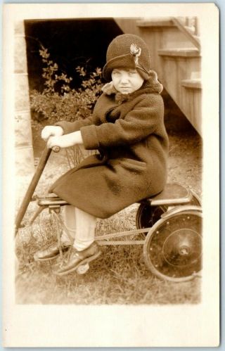 C1920s Rppc Real Photo Postcard Little Girl On Tricycle W/ Fashionable Hat &