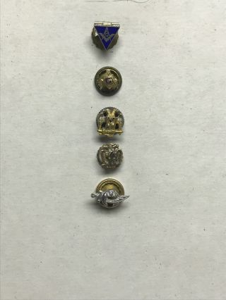 Five Masonic Lapel Pins.  Two Double Eagle 32 Degree,  Two Mason,  One Shriner