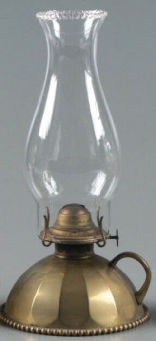 Rare Antique Brass Finger Oil Lamp Embossed Handle & Burner Chimney