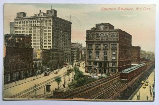 1912 Ny Postcard Nyc York City Cooper Square Elevated Train Rr Buildings