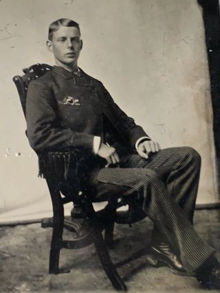 Antique American Handsome Young Man Sits In Chair Tintype Photo