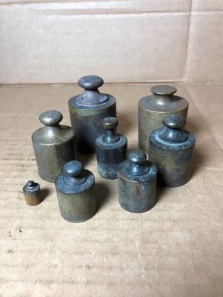 Vintage Brass Mercantile Apothecary Balance Scale Weights Prev.  Owners Initials