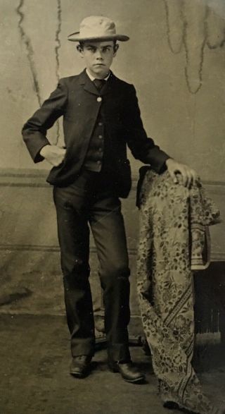 Antique American Interesting School Boy Young Man Standing Hat Tintype Photo
