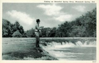 Arkansas Photo Curteich Postcard: Man Fishing On Spring River Mammoth Spring Ark