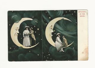 Rppc Girl Sitting Spooning On Paper Moon In Starry Sky Antique Photo Postcard