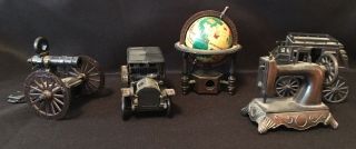 5 Vintage Die Cast Miniature Pencil Sharpener Stagecoach Globe Cannon Car Sewing