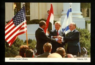 Political President Postcard Jimmy Carter Library W/ Anwar Sadat Menachem Begin