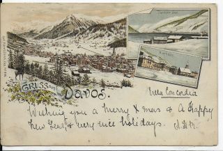 Very Early Vintage Switzerland Vignette Postcard " Gruss Aus,  Davos Dorf " 1895