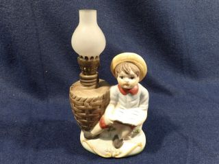 Vintage Miniature Cera Casting Of A Boy Readinmic Kerosene Lamp Boy Reading Book