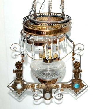 Fancy Victorian Brass W/ Jewels Hanging Oil Lamp Light Frame