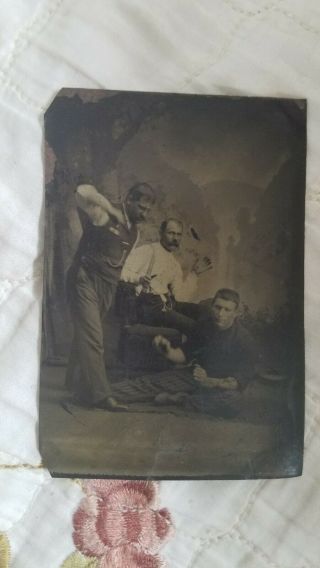 Vintage Tintype Photo Of Three Men In A Fighting Pose