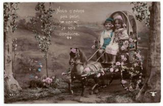 C 1909 Cute Little Kids In Toy Horse Drawn Carriage Decorated W/ Flowers