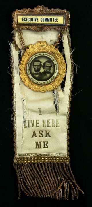 1908 Abraham Lincoln Douglas Debate 50th Anniversary 7 1/2 " Badge W/ Ribbon