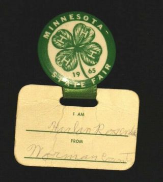 Minnesota State Fair 4 Four H Pin 1965 Norman County 1 1/4 " Green White Tag Rare