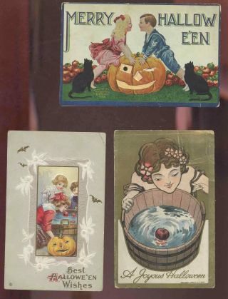 Three Halloween Vintage Embossed Post Cards Early 1900 